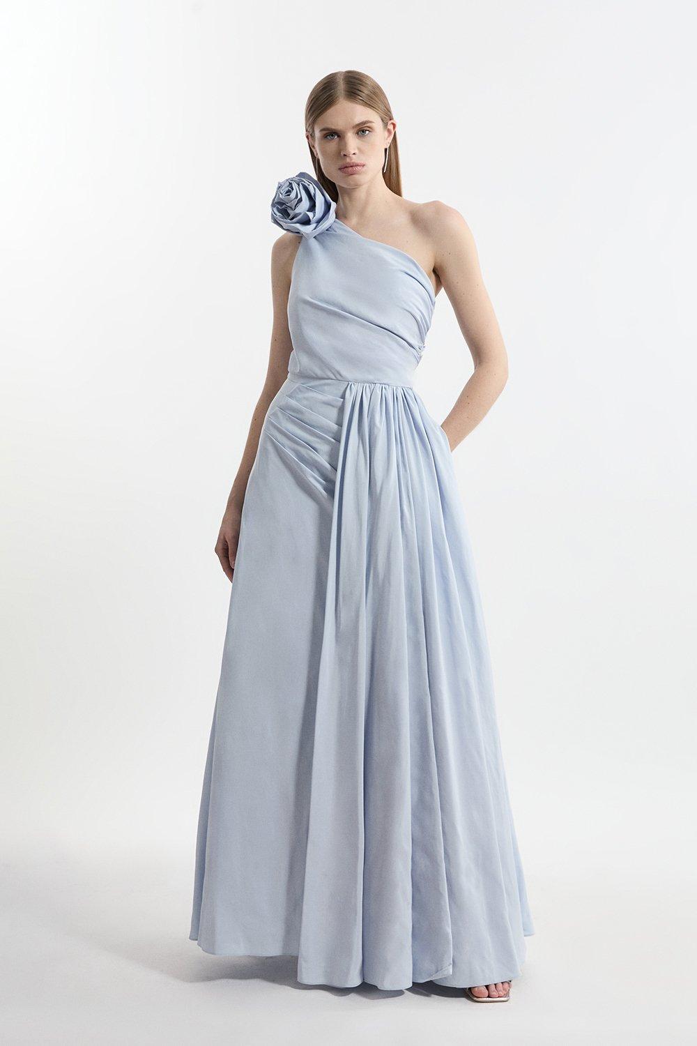 Petite Taffeta Rosette Neck Tailored Pleat Gathered Maxi Dress